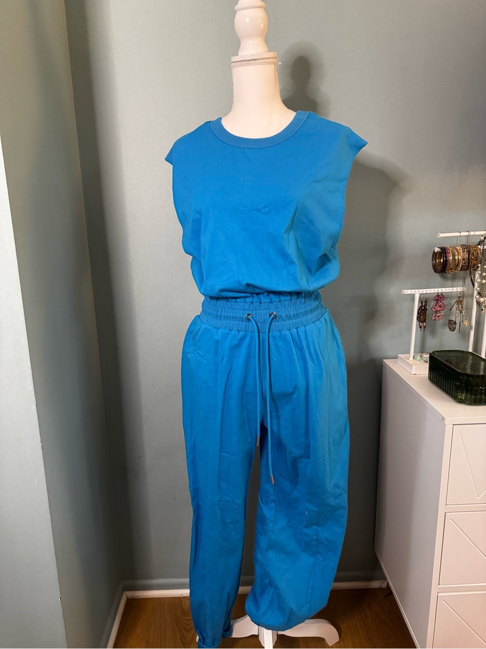 Amazon Bright Blue Sleeveless Jogger Jumpsuit Small Open Back